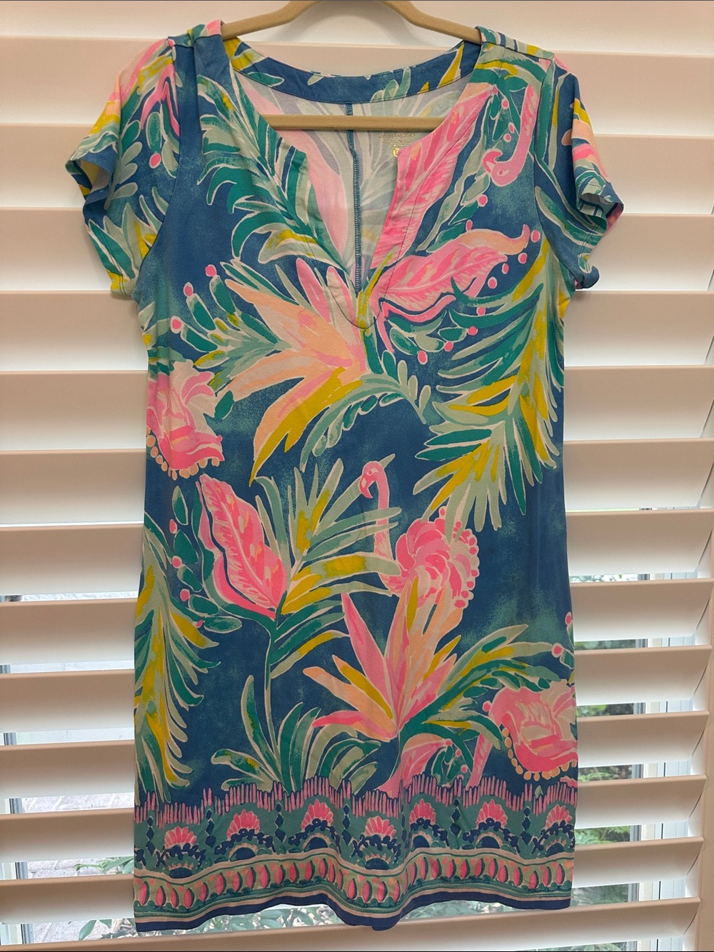 Lilly Pulitzer Teal Shift Dress with Pink & Yellow Tropical Print